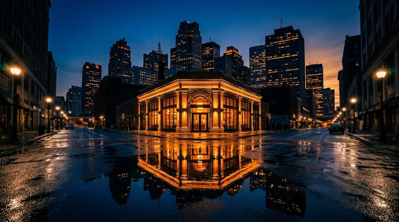 A low-angle, symmetric shot of the glowing Marcus B&P storefront at midnight. The architectural facade reflects on the wet...