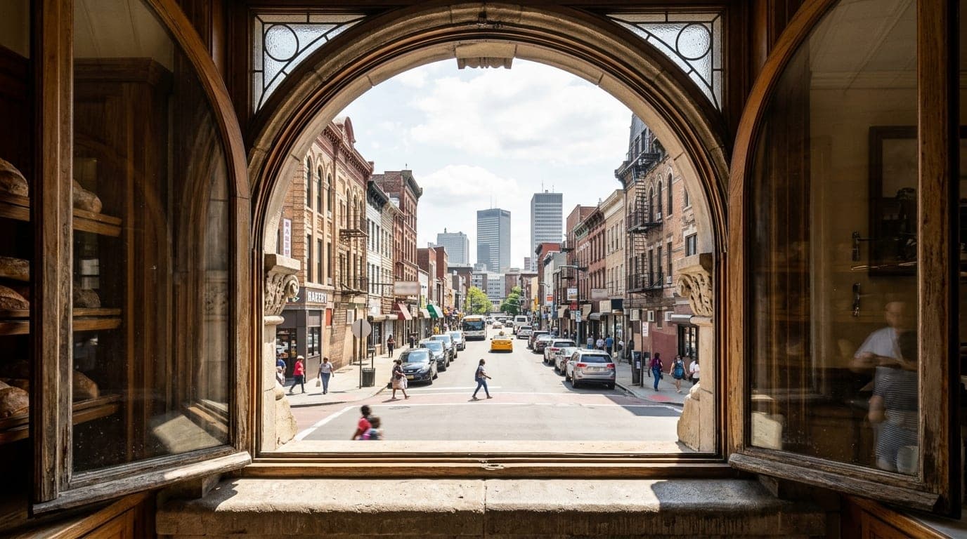 A 24mm wide-angle, centered shot through a window at noon captures the sun-drenched, intricate stone arches and ornate det...
