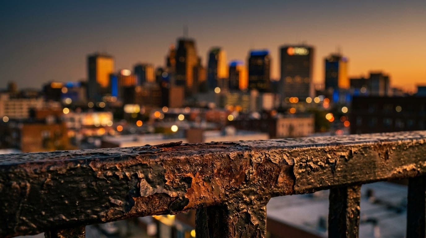 An extreme macro close-up of a weathered, rusted metal railing outside QXT’s Nightclub at golden hour, capturing the textu...