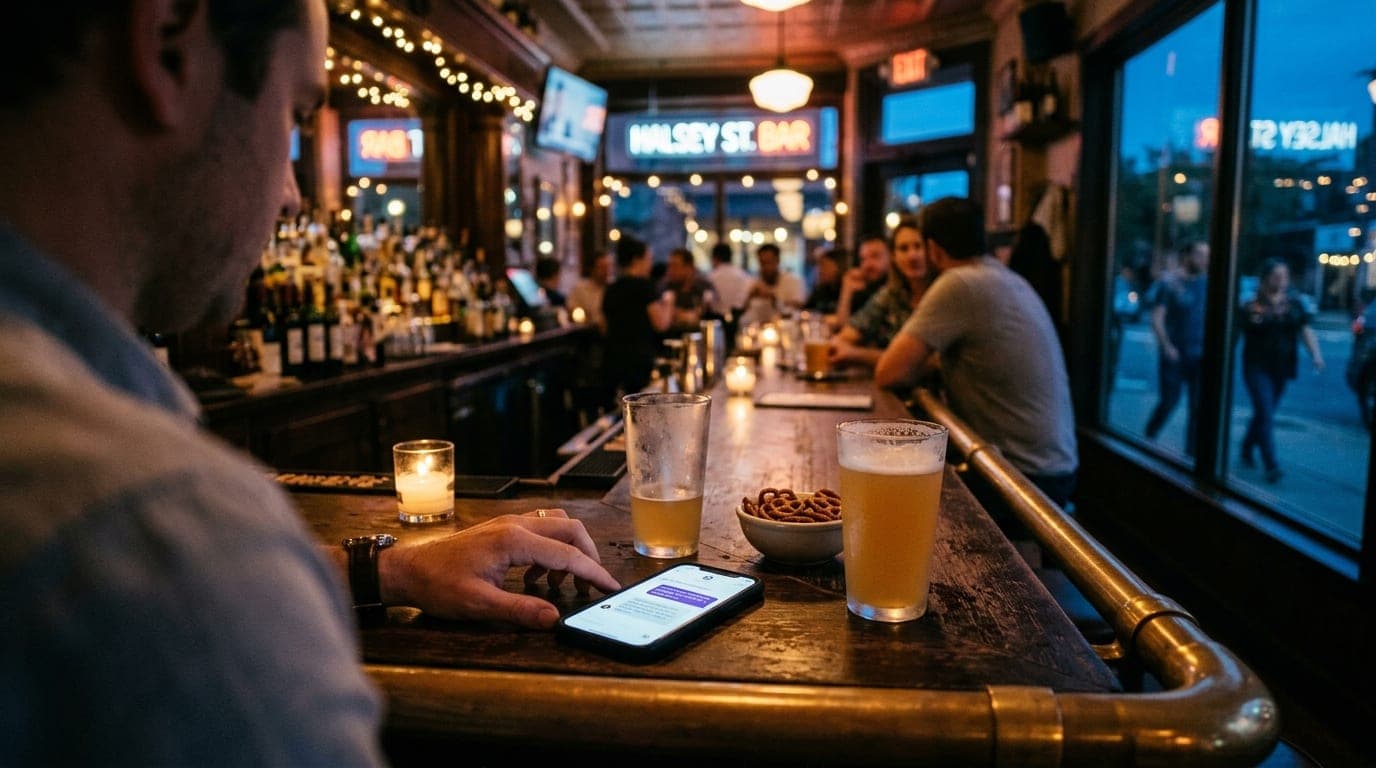 Over-the-shoulder view from a Halsey Street bar counter at dusk. A smartphone screen shows a Hinge prompt about local spor...