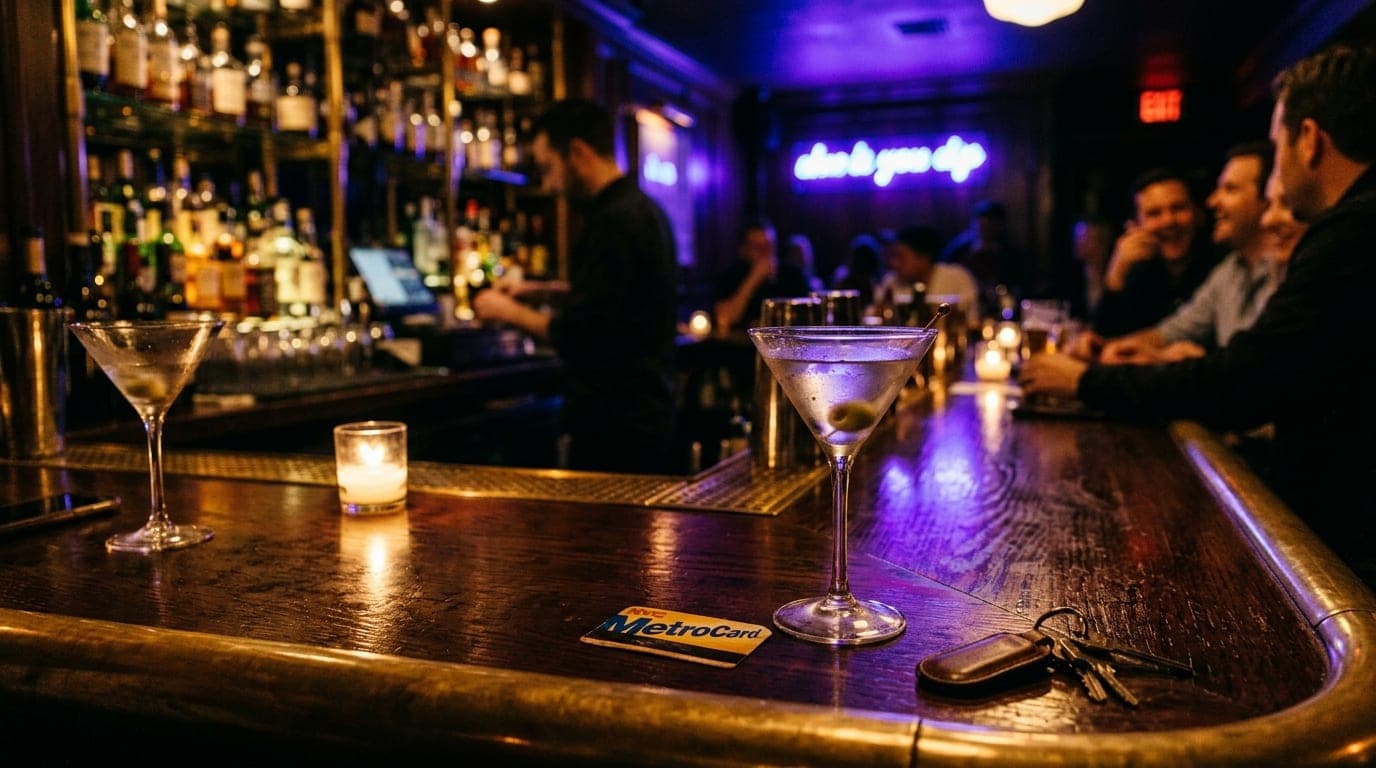 Low-angle 35mm shot at a polished hotel bar counter. Two half-empty martini glasses rest near a transit card and a keychai...