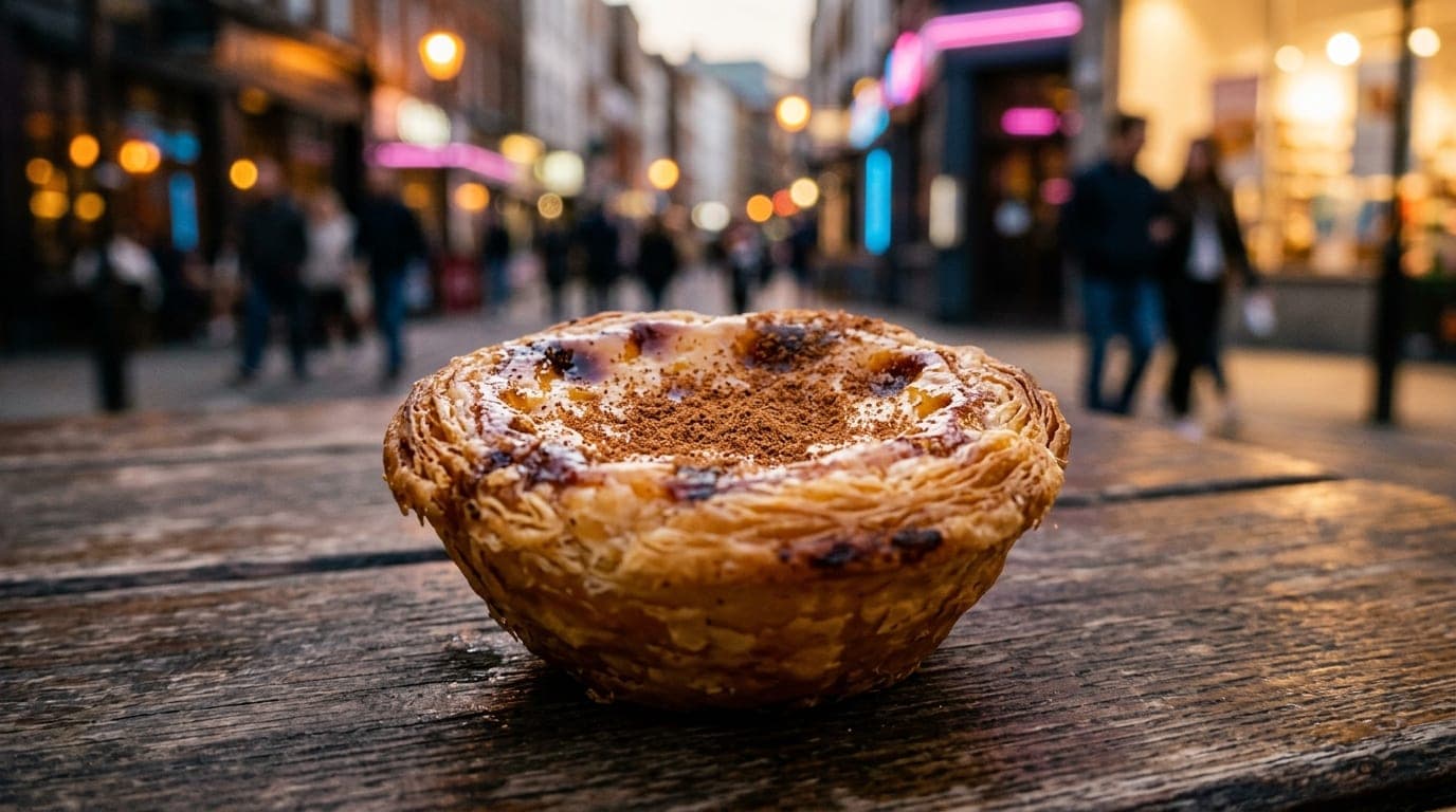 Extreme 100mm macro shot of a flaky, golden-brown pastel de nata resting on a rustic wooden café table, with soft, late af...