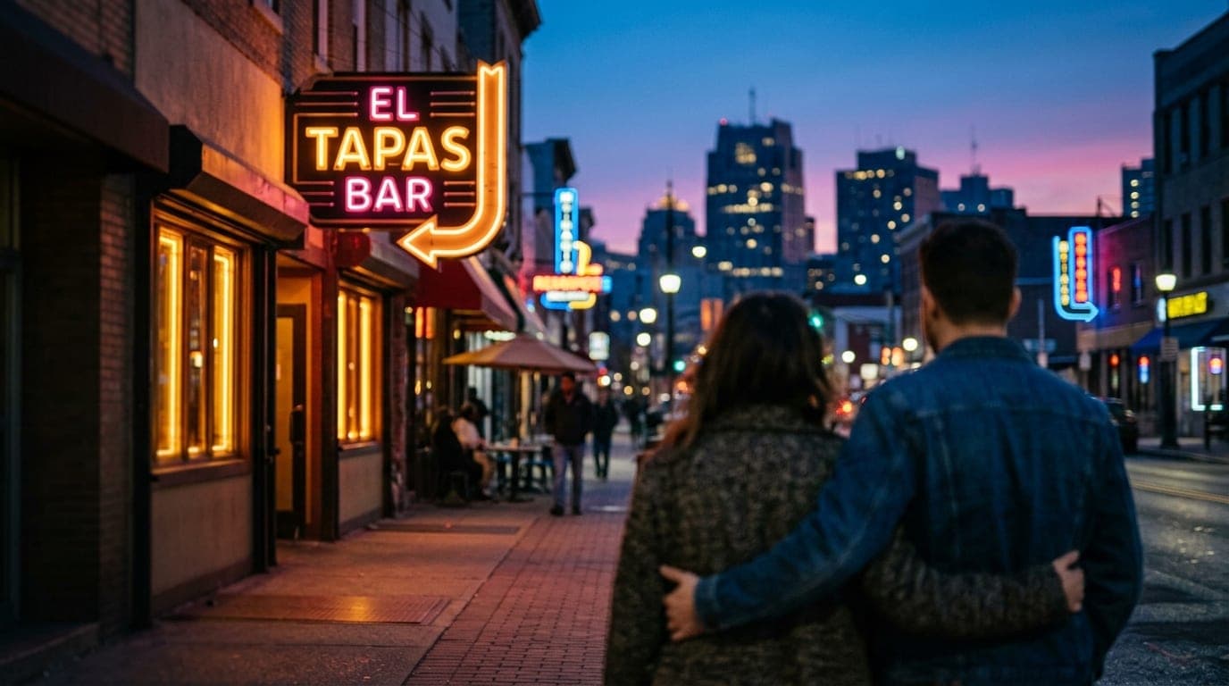 Over-the-shoulder view of a couple walking along Ferry Street at blue hour. Selective focus highlights a glowing tapas bar...