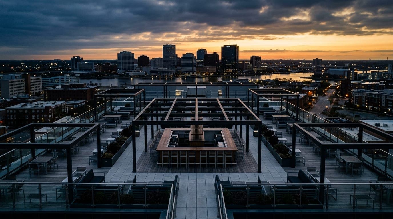 An overhead 24mm flat-lay view of the Main building's geometric rooftop patio at dawn. Overcast light illuminates the empt...