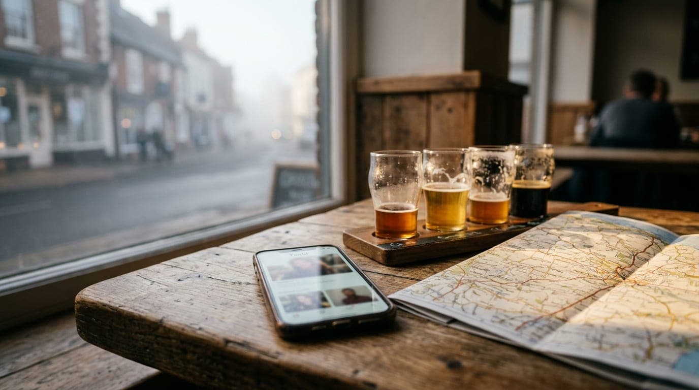 Close-up, tilt-shift focus on a smartphone screen showing a Feeld profile at a wooden cafe table, next to a half-finished...