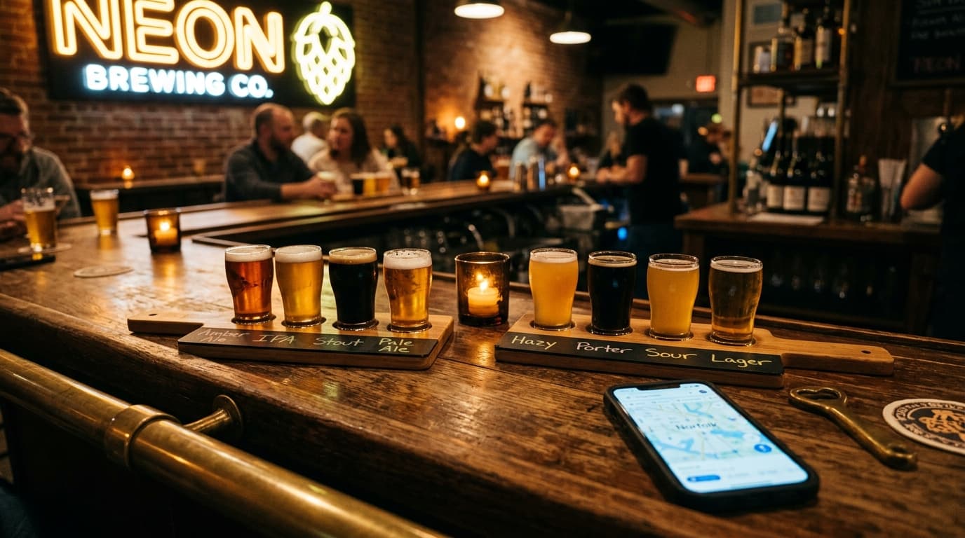 A medium shot of two craft beer flights on a rustic wood bar at a NEON District brewery, tilt-shift focus highlighting a b...