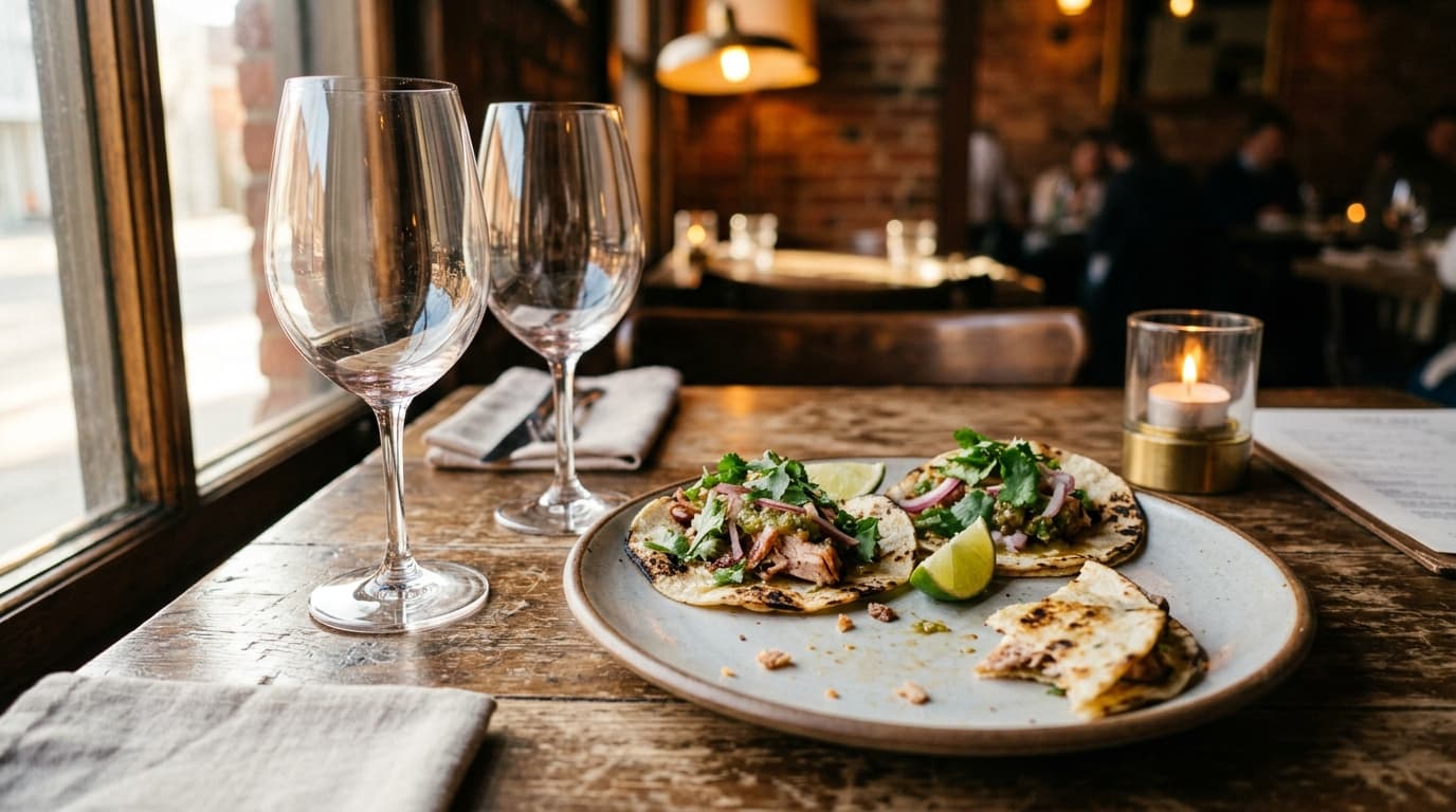A half-eaten plate of vibrant tacos sits on a rustic wooden table at Luna Maya, with two empty wine glasses reflecting the...