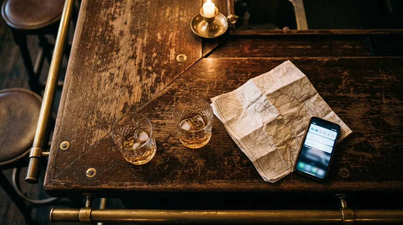 An overhead flat-lay of two whiskey glasses on a scarred wooden bar top. Next to them, a crumpled Main Street event map li...