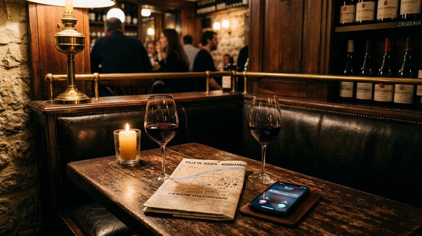 A wide shot of a plush, dimly lit corner booth at a wine bar. Two crystal glasses of deep red wine sit beside a folded Nor...
