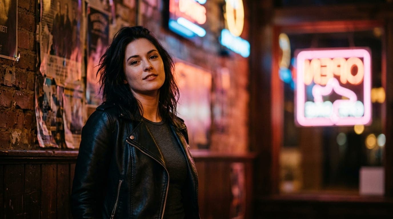 An 85mm portrait with shallow depth of field captures a woman in a leather jacket standing in a dimly lit, gritty downtown...