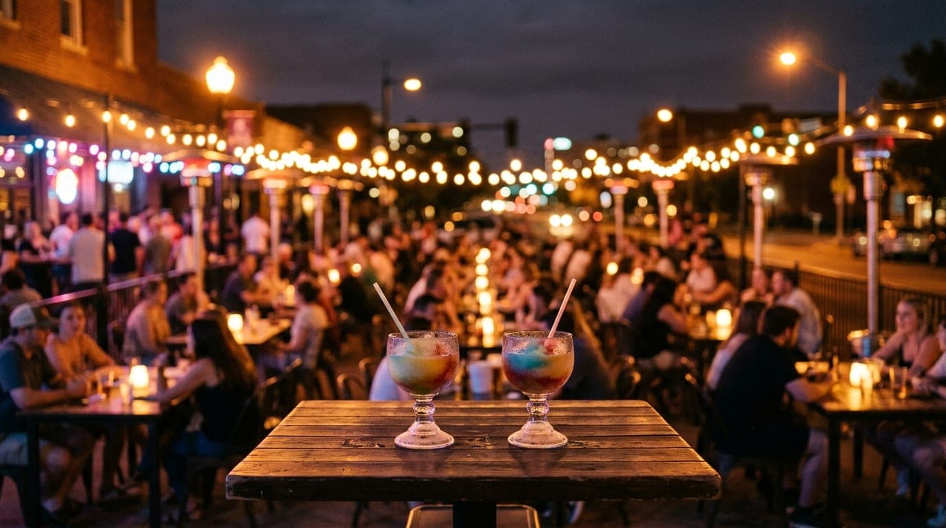 A wide, symmetric shot of a table at The Mont at night, featuring two half-melted Swirl drinks in signature glasses, cente...