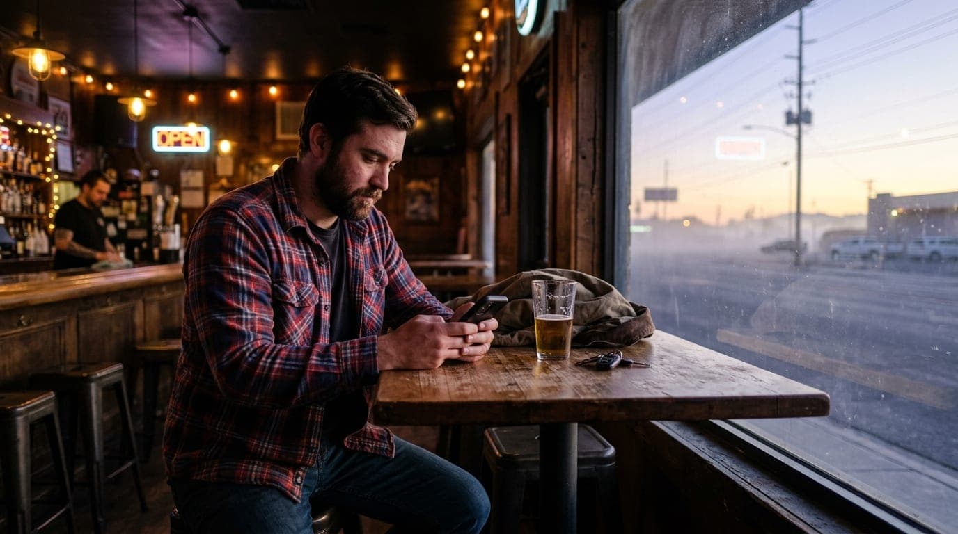 An 85mm shot, offset left, captures a man in a flannel shirt sitting at a high-top table in a North Las Vegas dive bar, ve...
