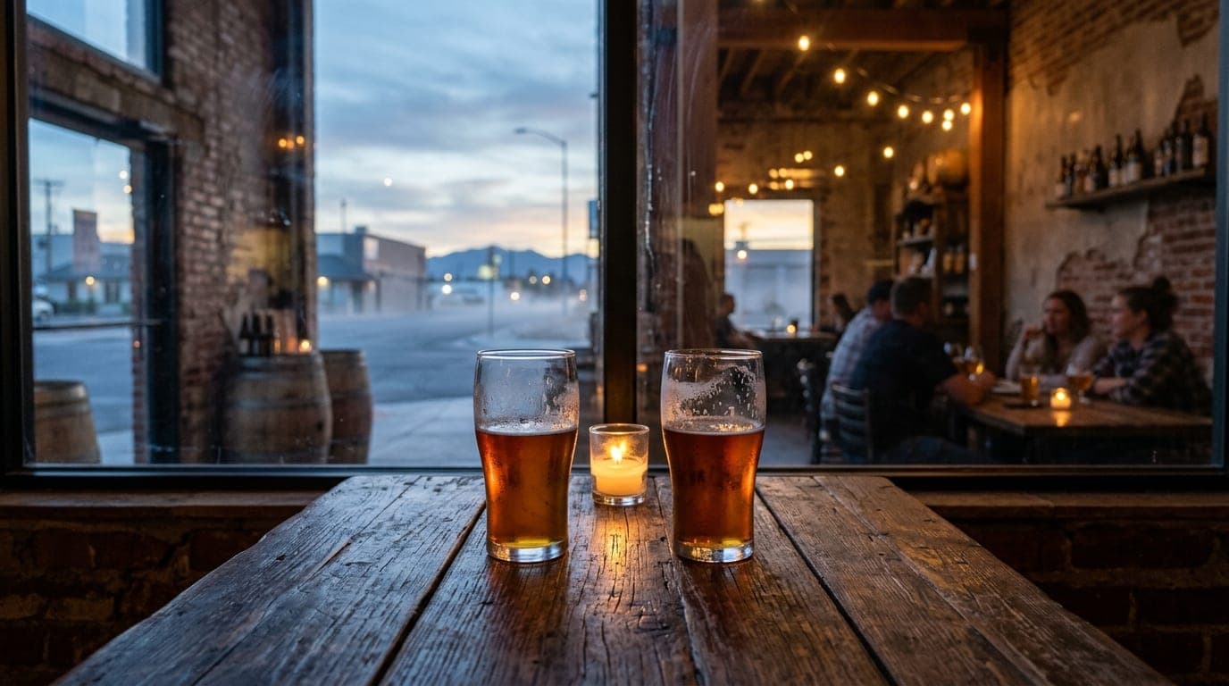A medium shot, centered and symmetrical, captures a pair of half-full craft beer glasses on a weathered wooden table insid...