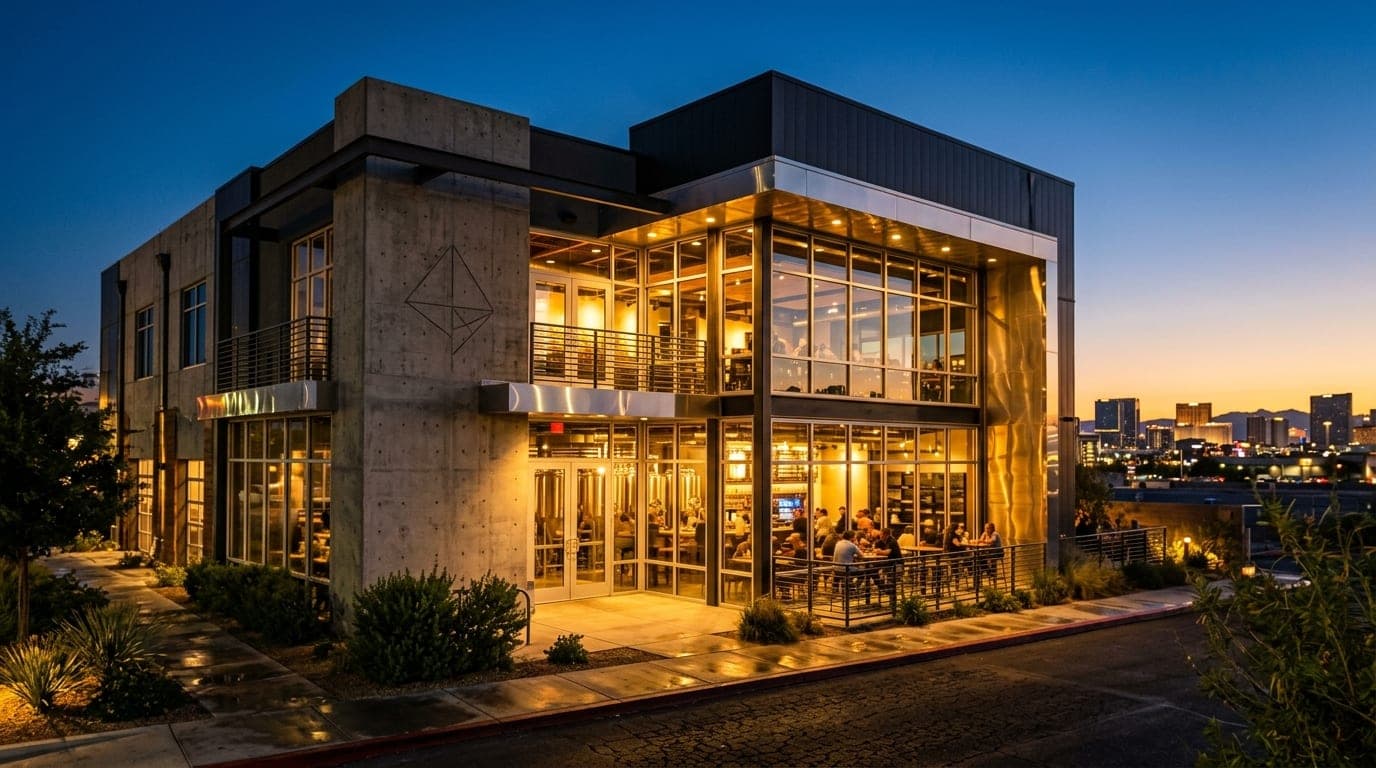 A tight, wide-angle shot of a sleek Aliante brewery facade at dusk. Warm tungsten light spills through large glass windows...