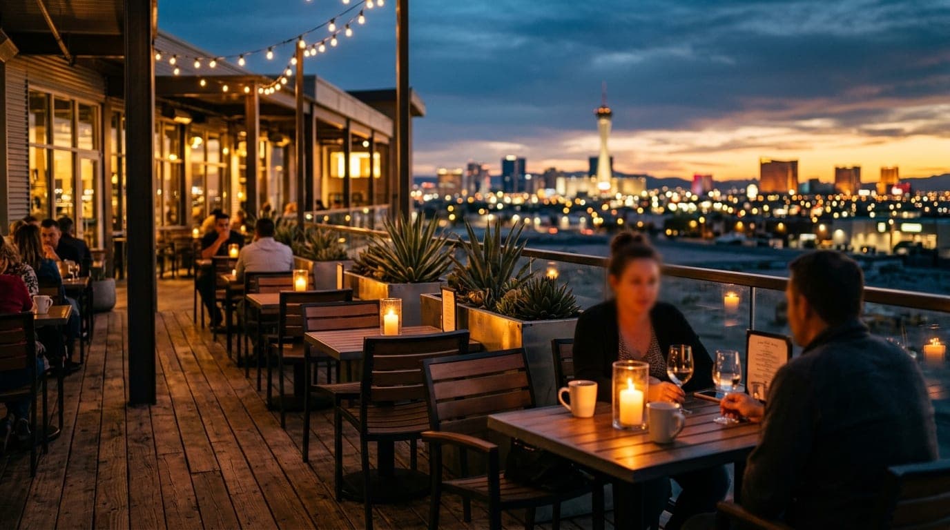 A medium shot of an industrial-chic coffee shop terrace at dusk, candle-lit tables lining the frame, with the distant, glo...