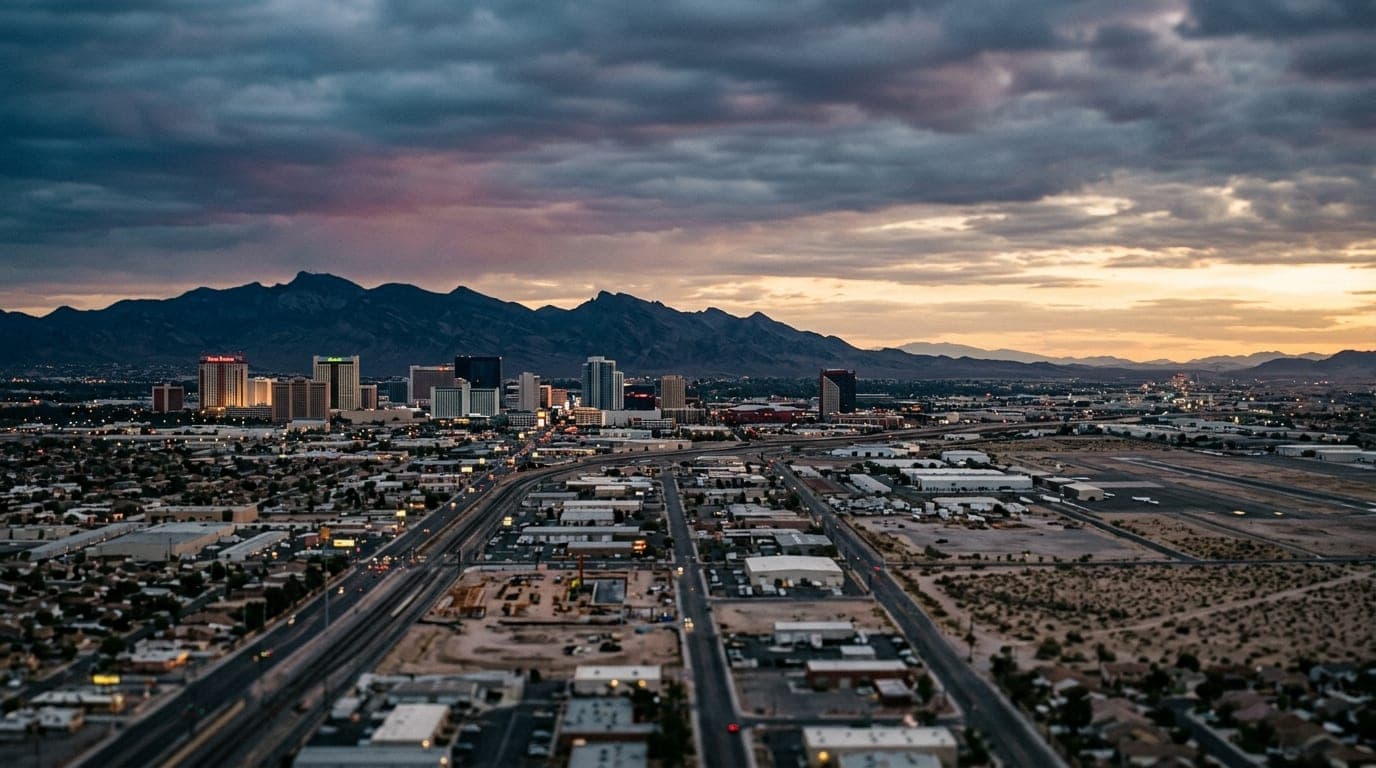 An 85mm portrait shot at dawn showing the North Las Vegas skyline offset to the left, with the soft, overcast morning ligh...