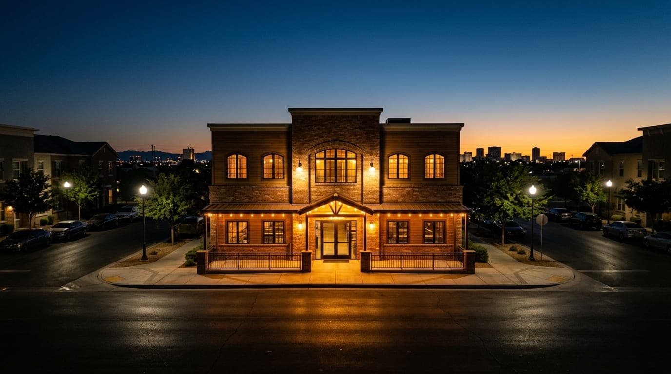 A wide-angle, symmetrical shot of the illuminated North Row Brewing Co. exterior at night. Warm tungsten lights glow from...