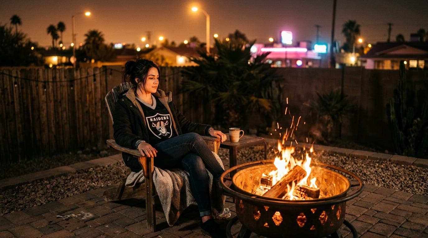 An 85mm portrait with shallow depth of field captures a woman wearing a Raiders jersey, sitting at a local backyard fire p...