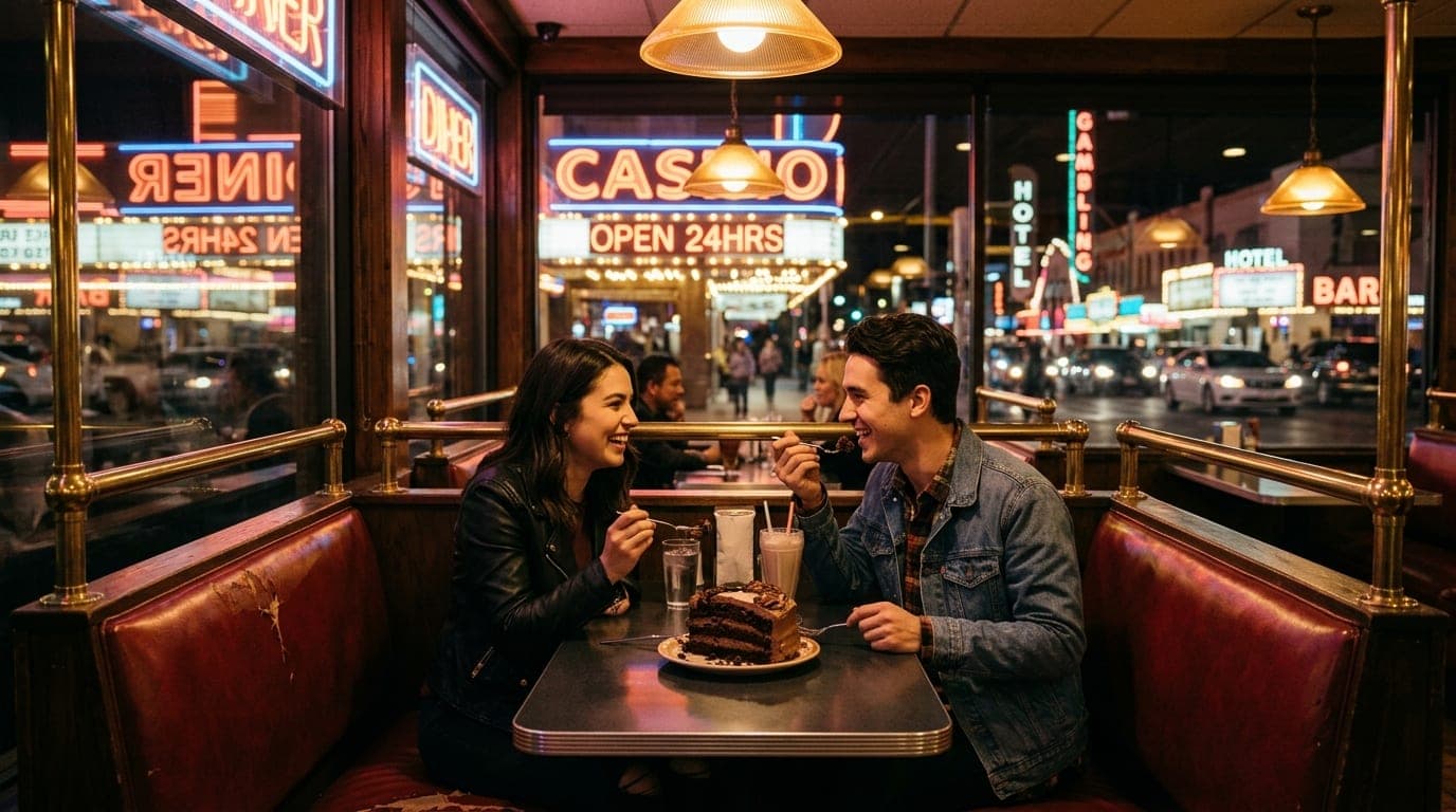 A wide-angle, symmetrical shot of a couple sharing a massive slice of chocolate cake in a dimly lit, vintage casino diner...
