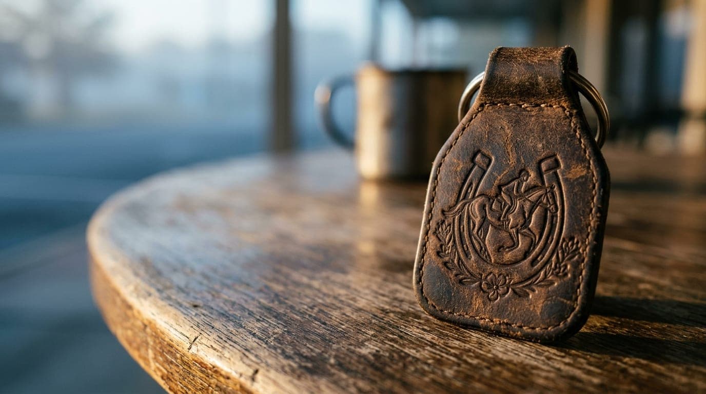Extreme close-up macro of a vintage leather key fob embossed with a local Ocala equestrian logo, resting on a worn wooden...