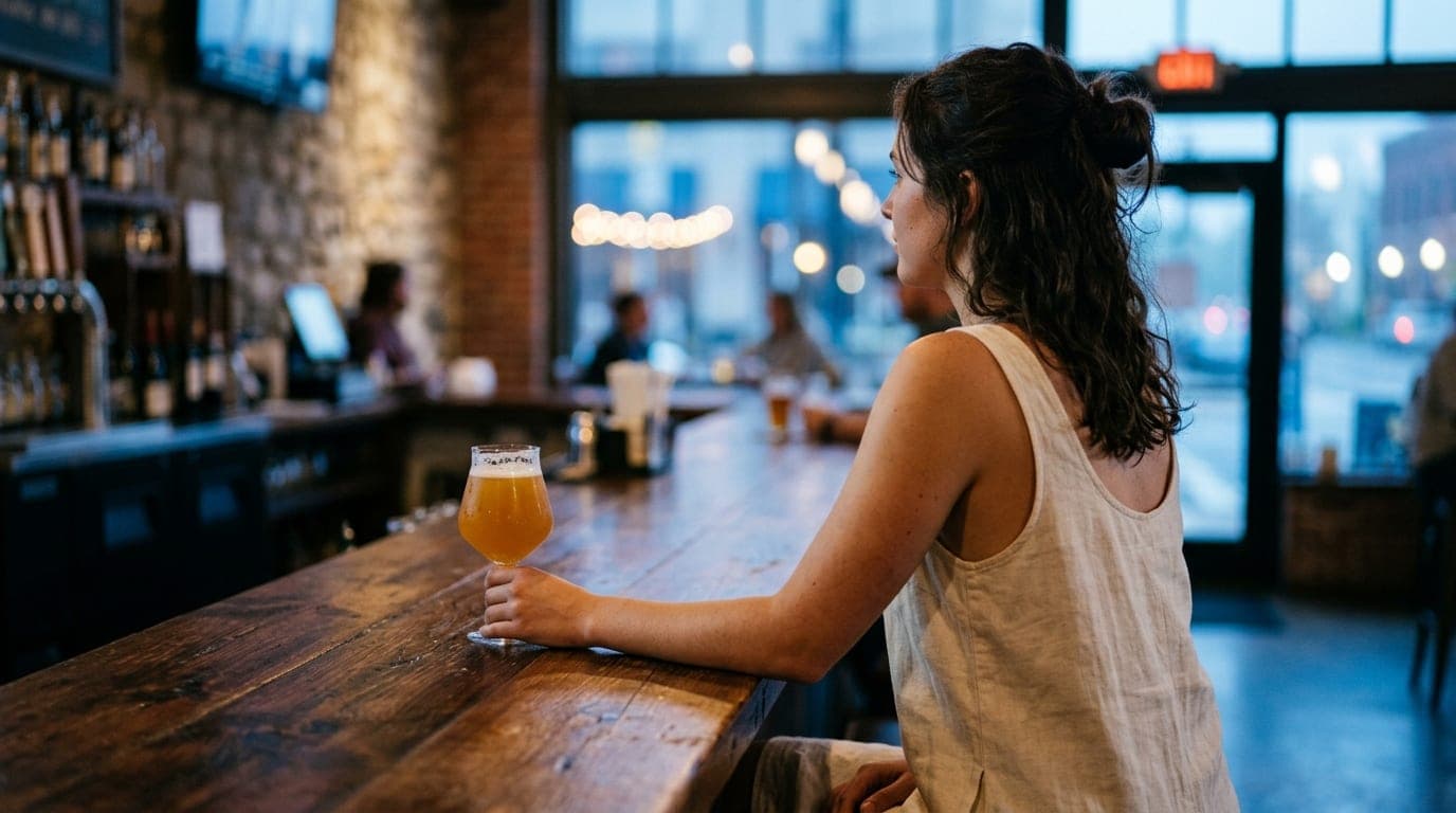 An 85mm shot of a woman in a linen sundress resting her hand on a polished wooden bar top at Infinite Ale Works, holding a...