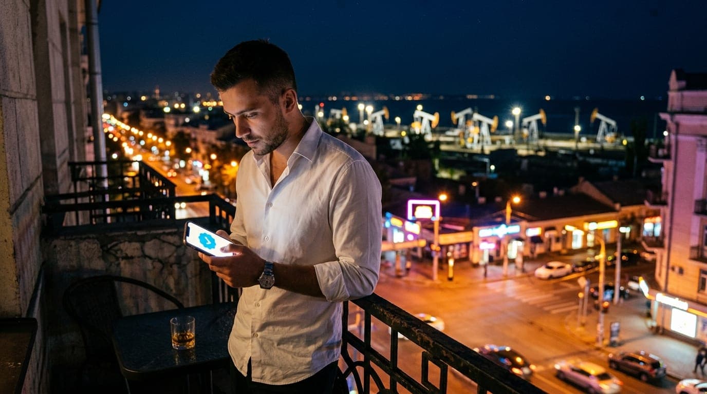 A man in a crisp white button-down shirt stands offset left on a dark hotel balcony, checking a phone with a glowing blue...