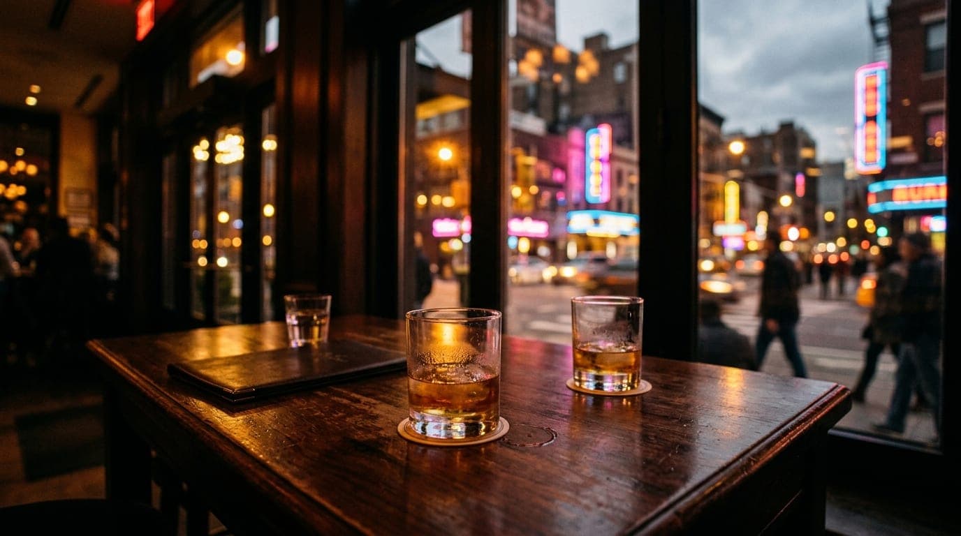 A 24mm wide-angle shot from the floor of a dim hotel bar. Two half-empty whiskey glasses rest on a polished wood table, wi...