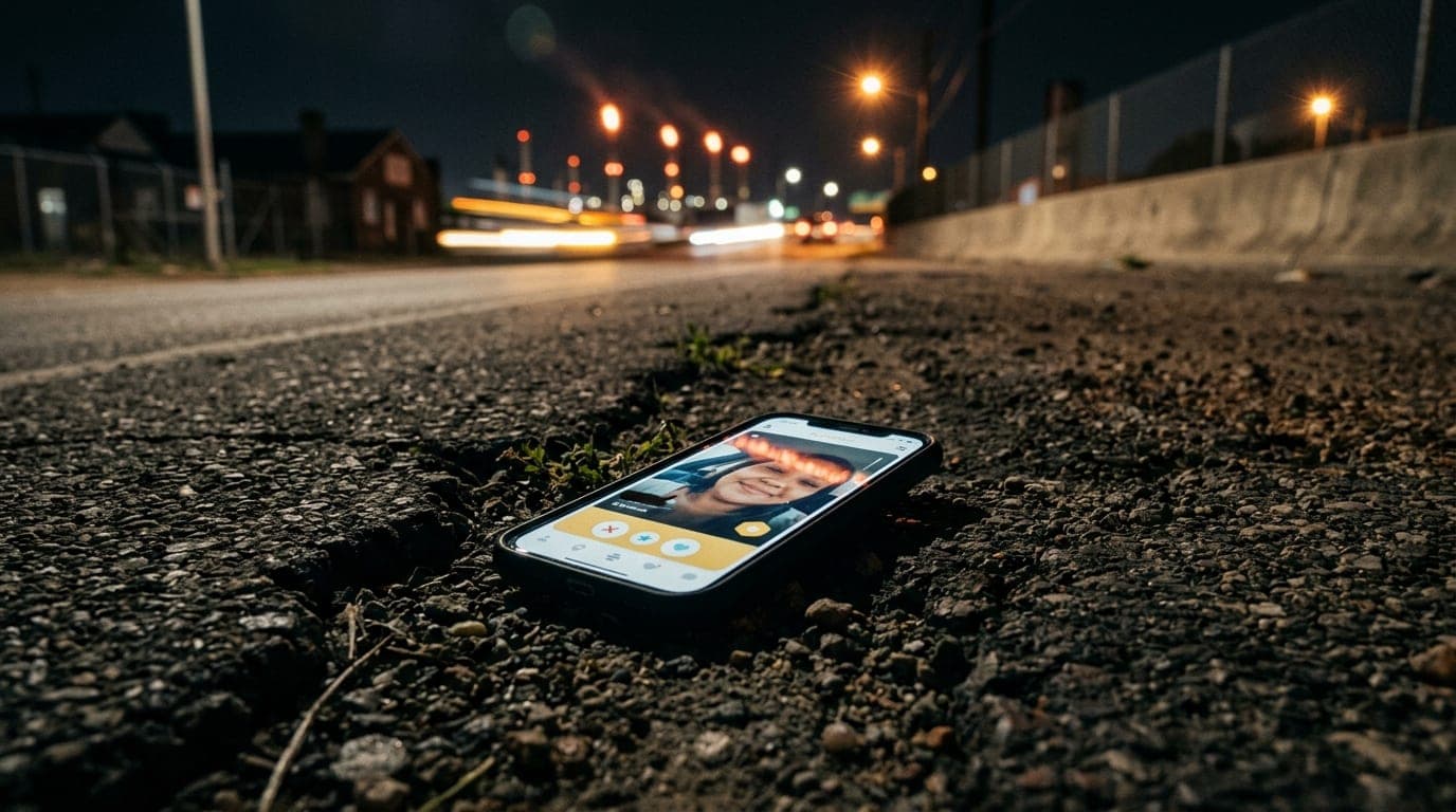 Low-angle hero shot, 100mm macro. A smartphone screen displaying a Bumble profile rests on the cracked, heat-baked asphalt...