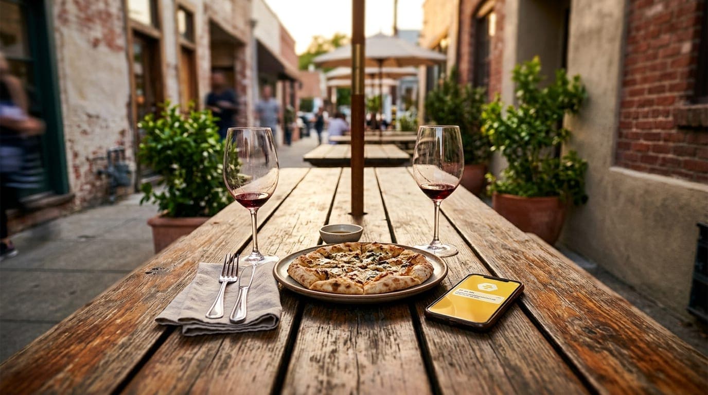 Overhead flat-lay on a weathered wooden patio table at Cork & Pig. Two half-empty wine glasses and a shared artisan flatbr...