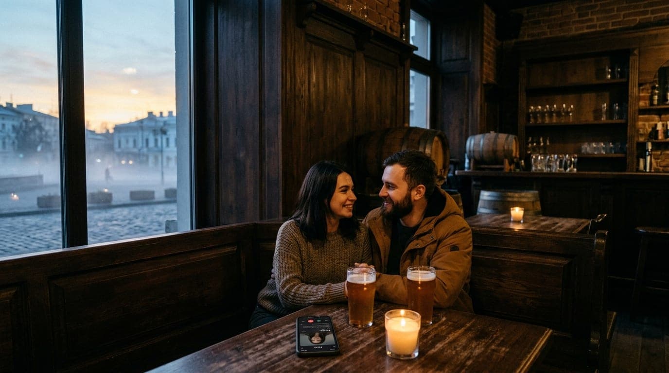 A couple sits at a candle-lit corner booth in an Odessa craft brewery. A smartphone showing a Feeld interface rests on the...