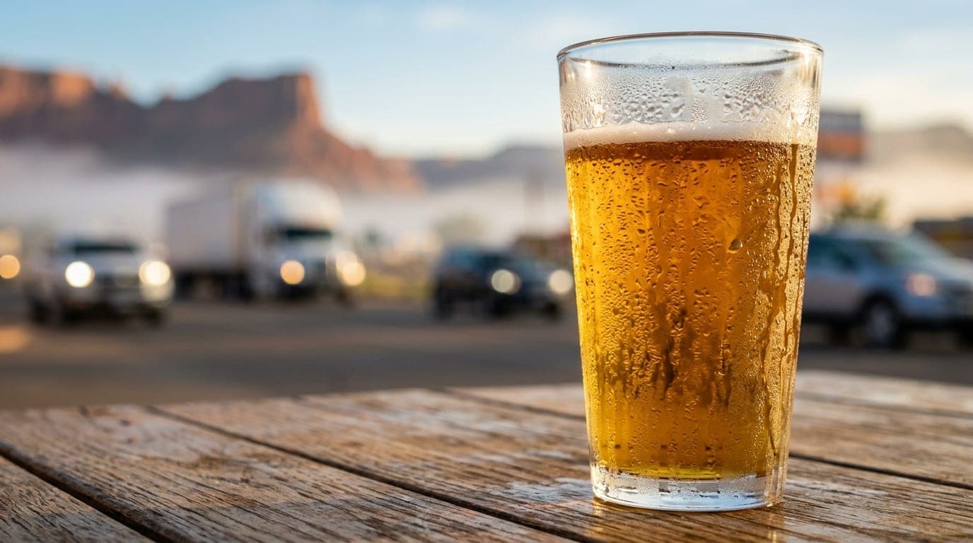 Close-up 100mm macro shot of a single perspiring glass of craft ale resting on a sun-drenched bistro table, showcasing con...