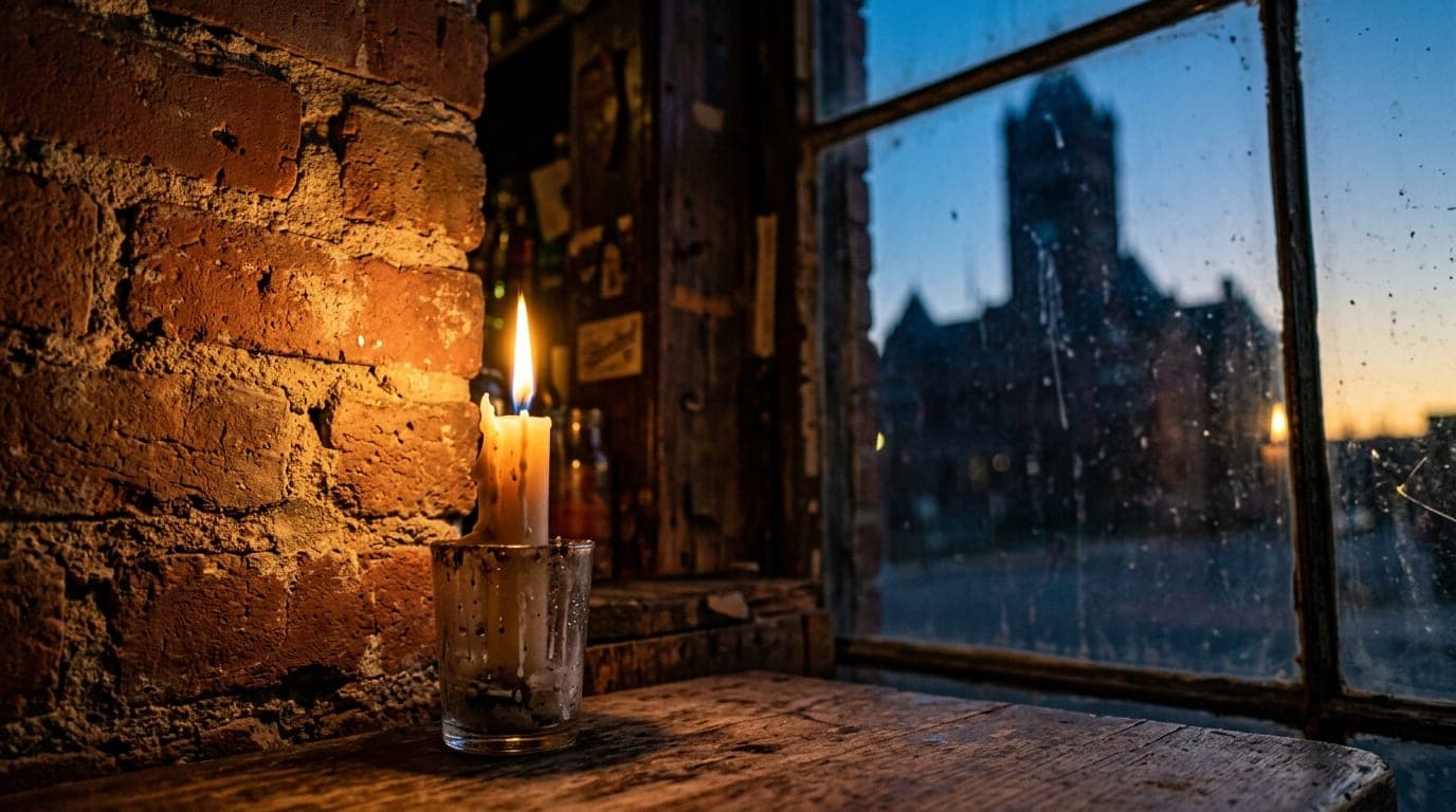 A 100mm macro shot captures a flickering candle illuminating a weathered brick wall inside a dimly lit basement dive bar,...