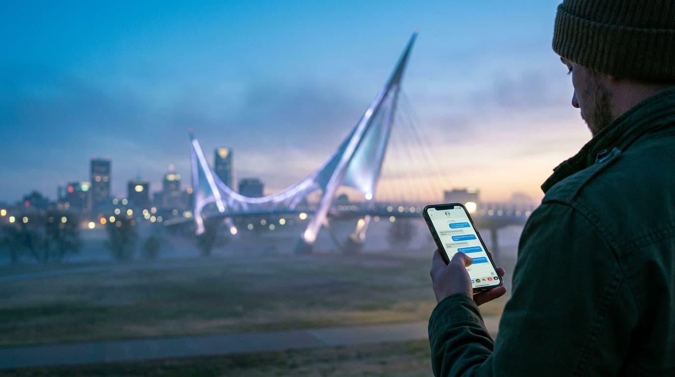 An over-the-shoulder view of a person holding a smartphone showing an active chat, framed against the blurred, glowing sil...