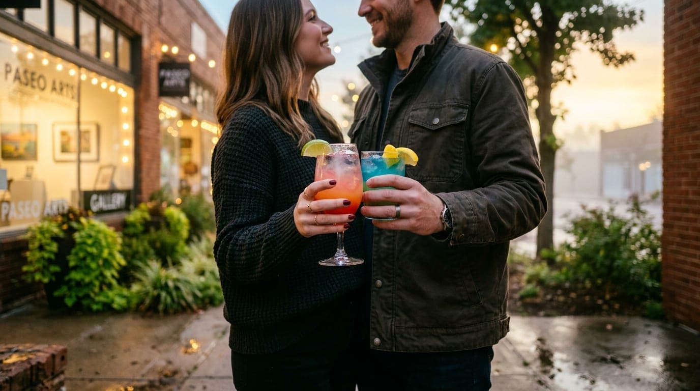 A couple stands on a Paseo Arts District sidewalk, holding colorful cocktails. The focus is on their hands touching, with...