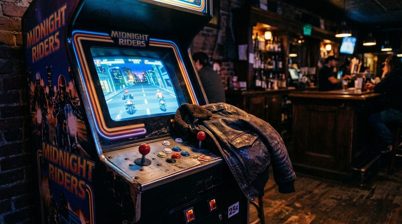 A low-angle 50mm shot of a neon-lit, retro arcade cabinet at FlashBack Retropub. A discarded leather bomber jacket rests o...