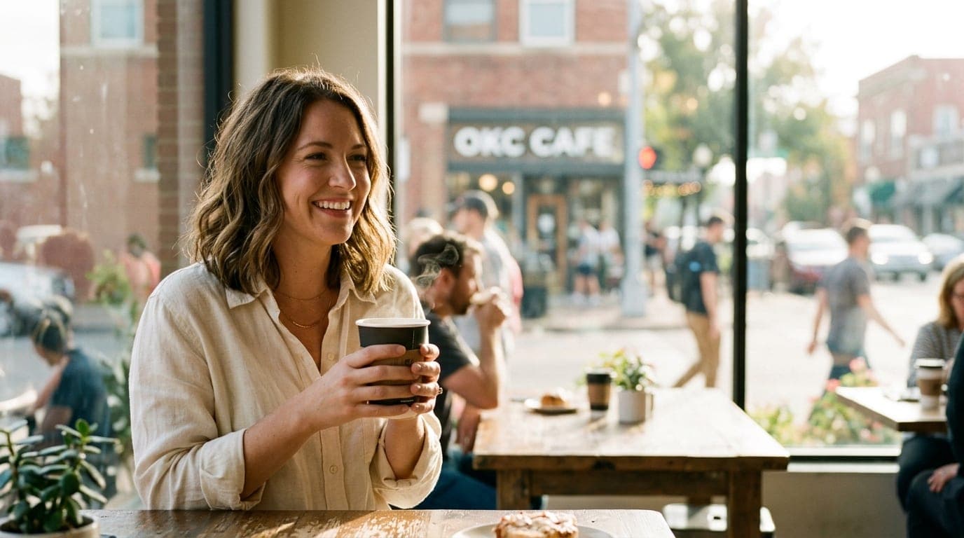 A woman in a cream linen shirt smiles while holding a steaming paper coffee cup. Blurred behind her, sunlight illuminates...