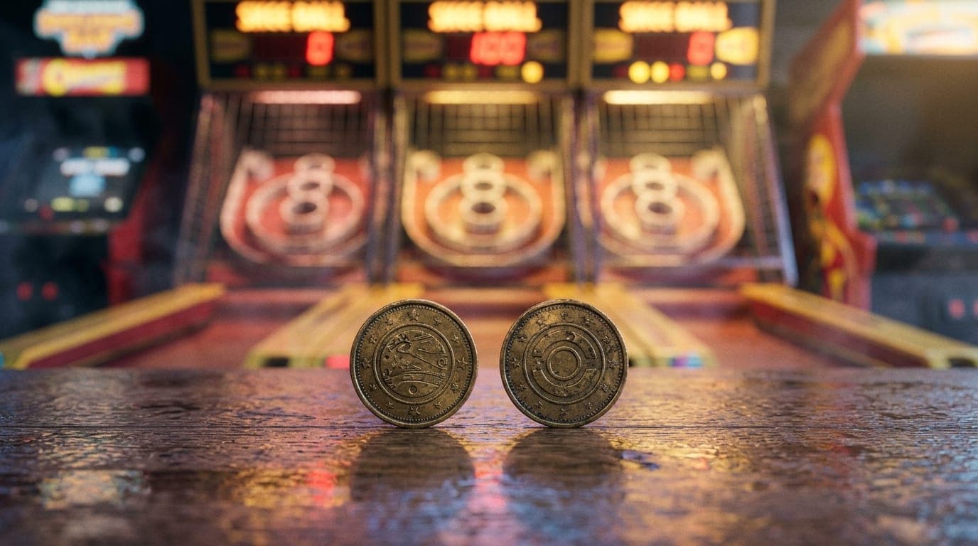 Extreme close-up macro, 24mm wide-angle. Two retro arcade tokens rest on a neon-lit bar top at sunset. The blurred backgro...