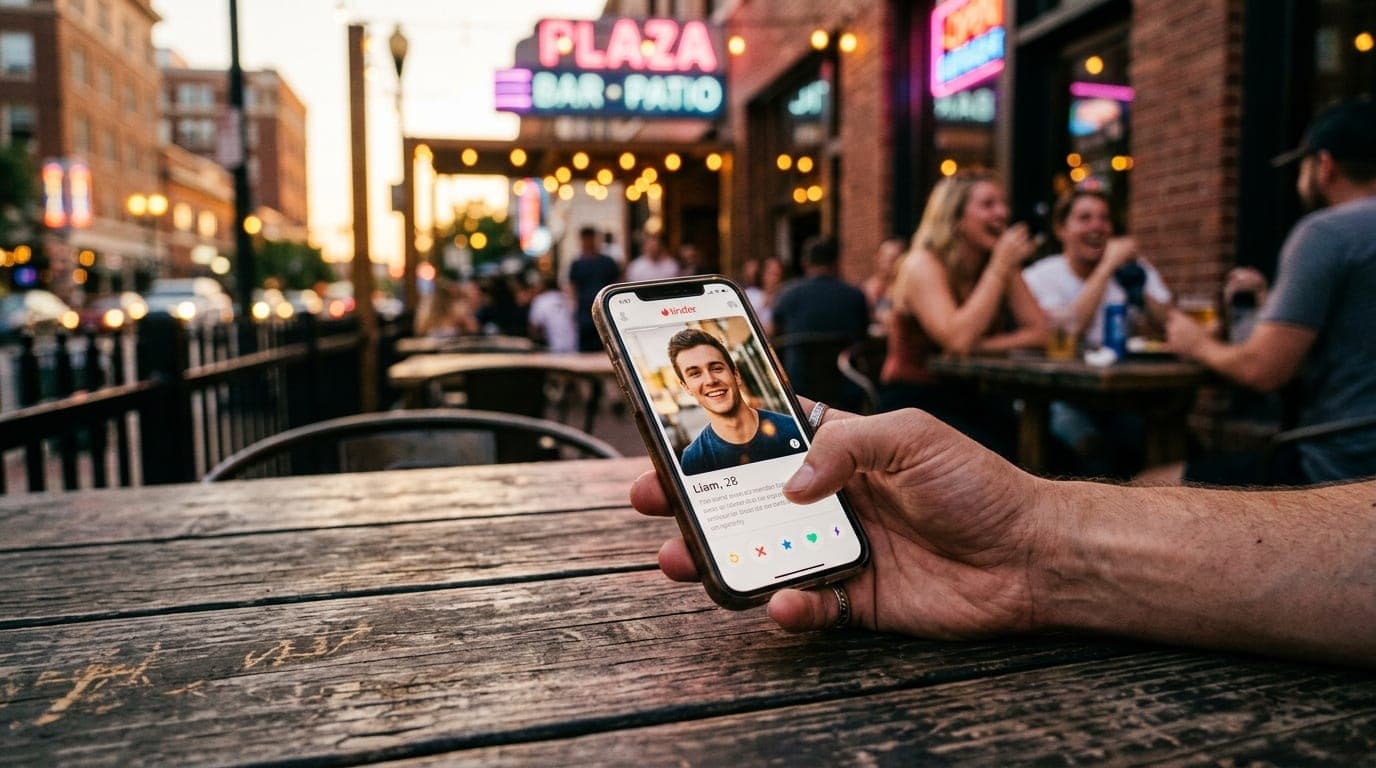 A 35mm documentary shot at golden hour: a hand holds a smartphone displaying a Tinder profile while resting on a weathered...