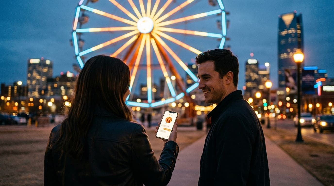 A couple stands near the Wheeler District ferris wheel at blue hour. A glowing smartphone screen displays a Tinder chat, h...