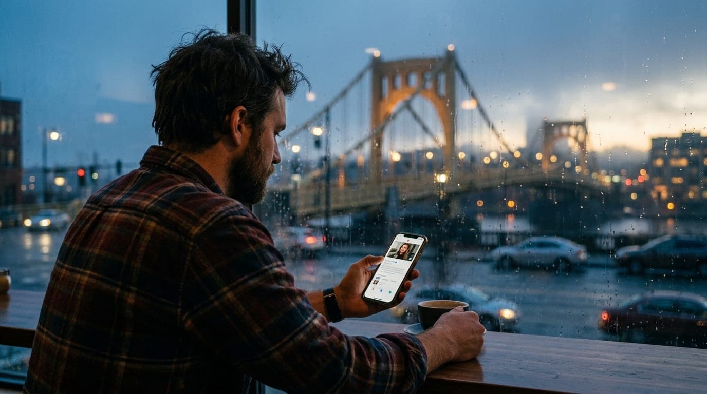 A man in a flannel shirt sits at a rain-streaked cafe window, holding a verified smartphone showing a dating profile. Blue...