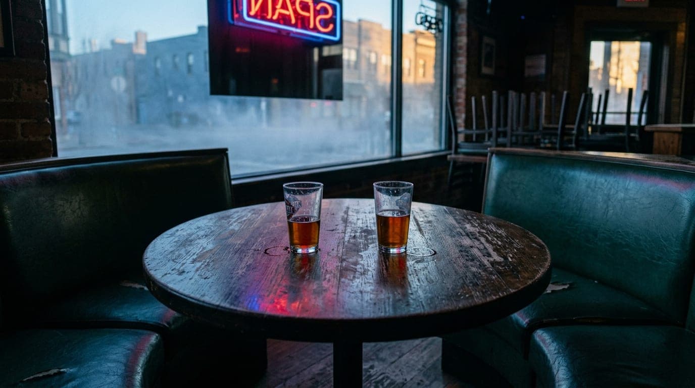 A low-angle 24mm shot centered on a circular, scarred wooden booth at The Spar. Two half-finished pint glasses sit on the...