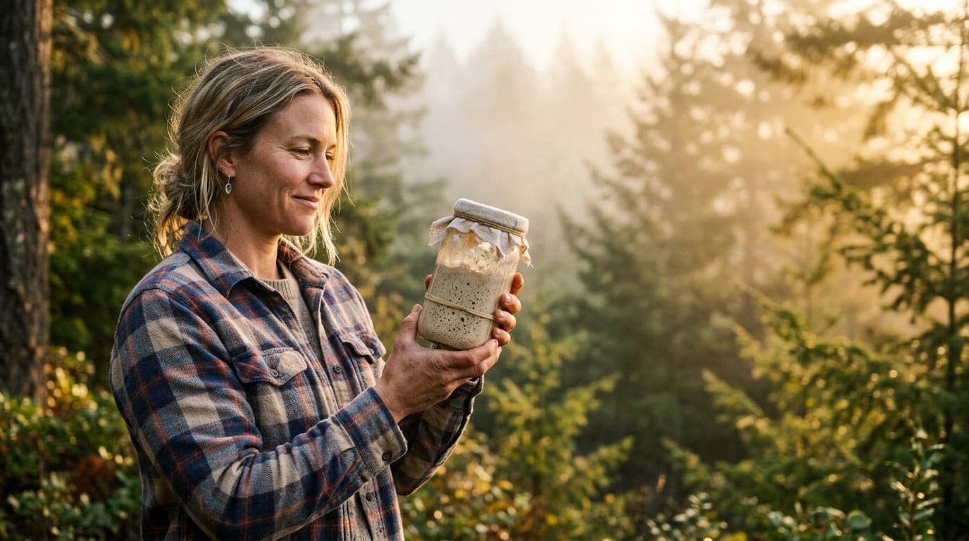 A woman in a worn flannel shirt stands offset left, holding a glass jar of active sourdough starter against a blurry, sun-...