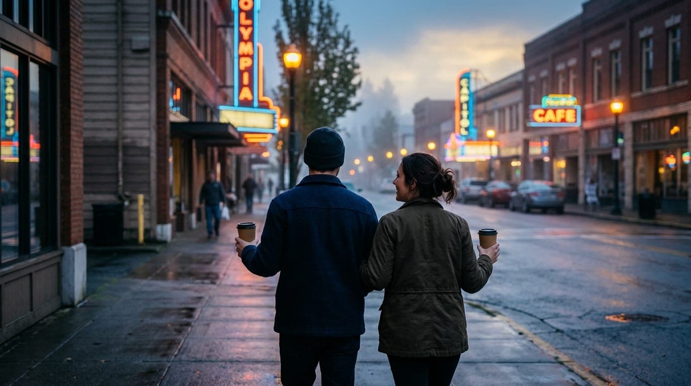 Over-the-shoulder view of a couple holding cardboard coffee cups, walking past the neon signs of downtown Olympia at blue...