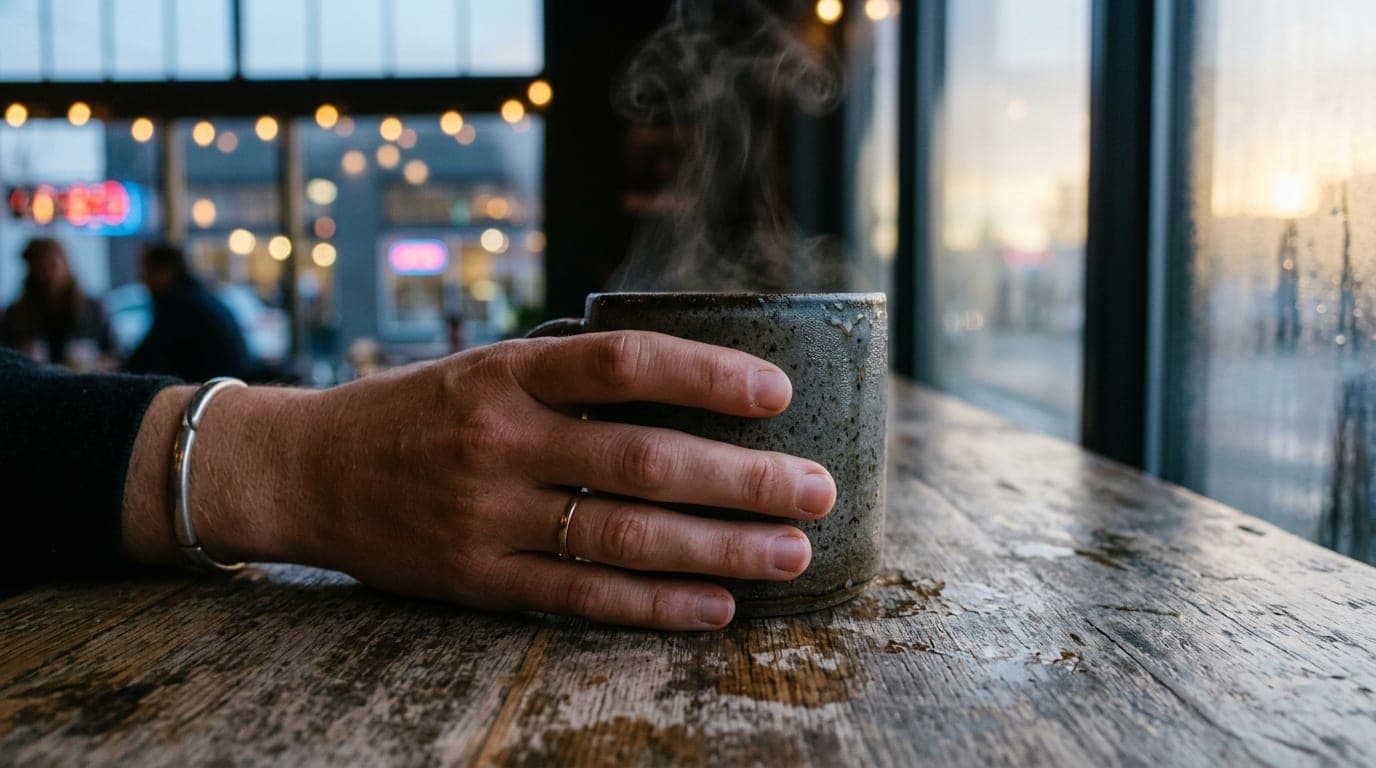 A person’s hand grips a steaming ceramic mug on a weathered table in a Benson cafe. A crisp 100mm macro shot captures the...