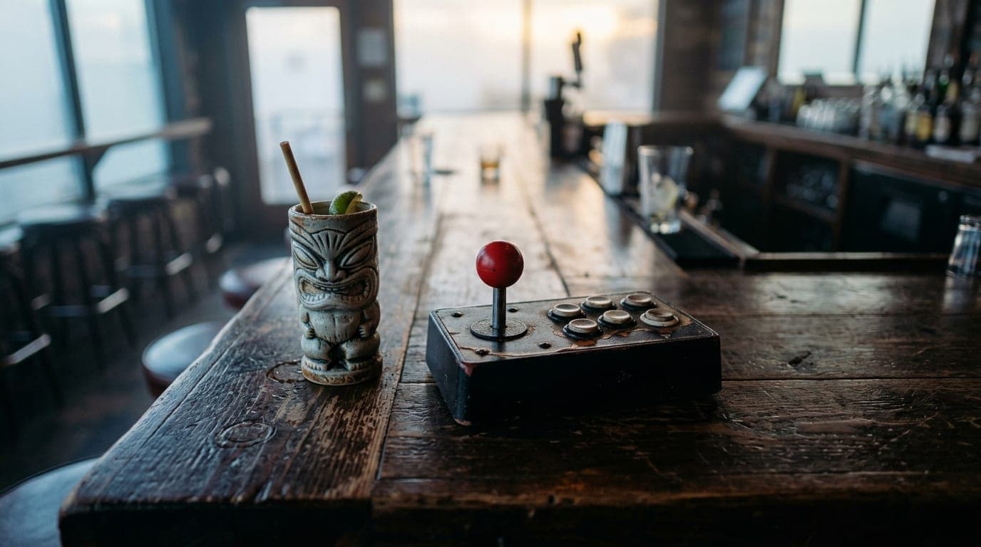 A tilt-shift, overhead flat-lay shot of a vintage arcade joystick resting on a worn, dark wooden bar top at Beercade. Sele...