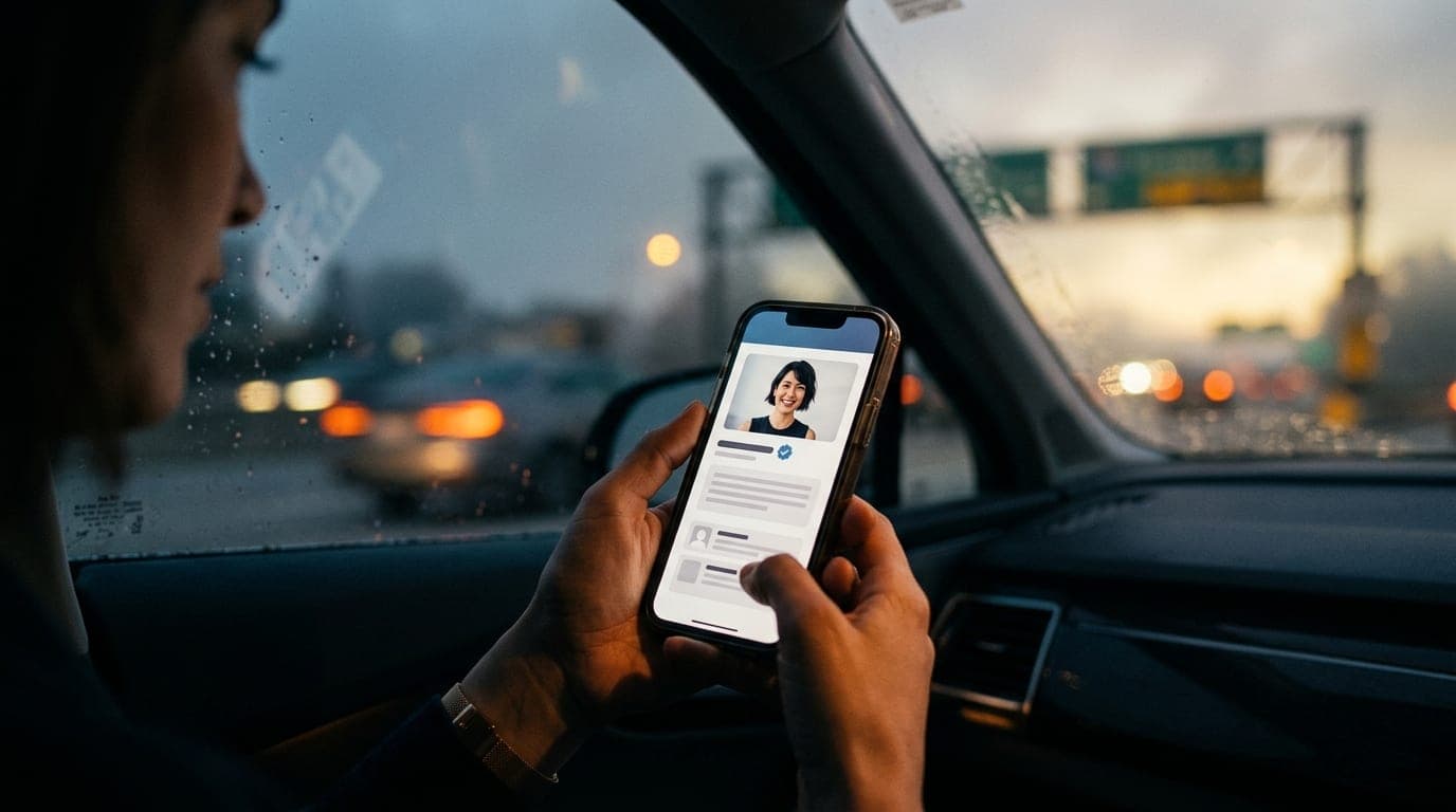 A 100mm macro shot captures a smartphone screen displaying a verified profile inside a dimly lit SUV. Through the window,...