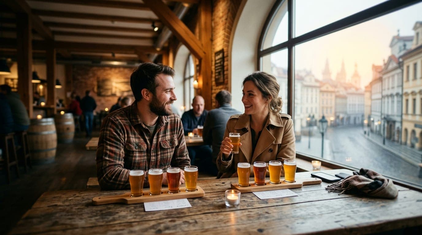 Medium shot, tilt-shift focus. Two craft beer flights rest on a rustic wood table at a brewery. A man in a flannel shirt s...