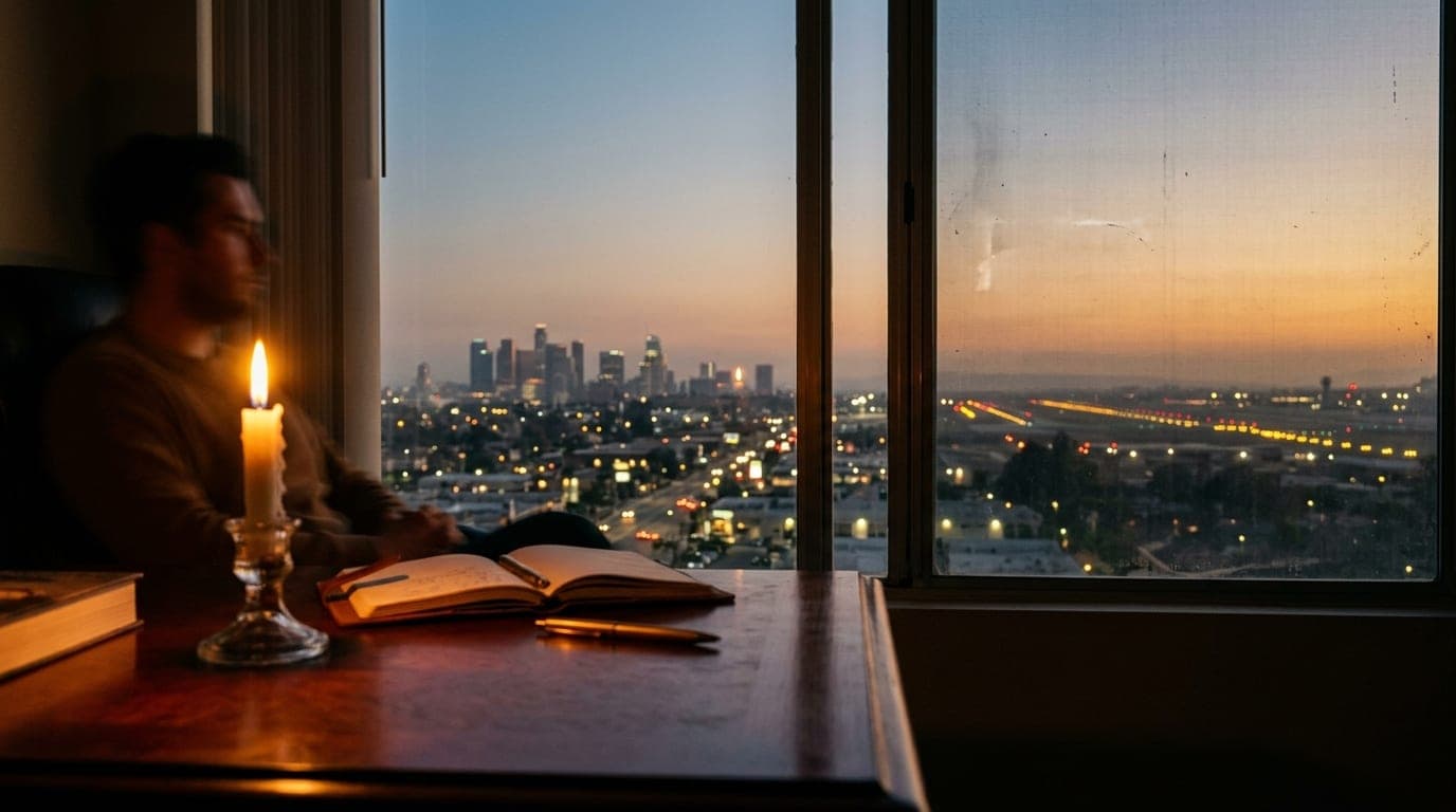 A flickering candle illuminates a mahogany desk, framing an offset medium shot of the Ontario, California city skyline at...