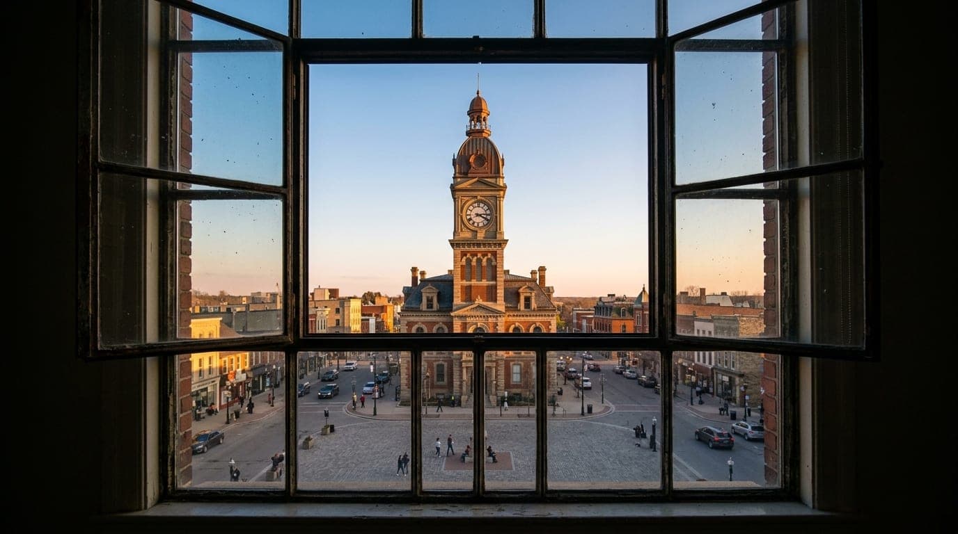 A symmetrical 24mm wide-angle shot through a sun-drenched window frames the historic Ontario Town Square clock tower under...