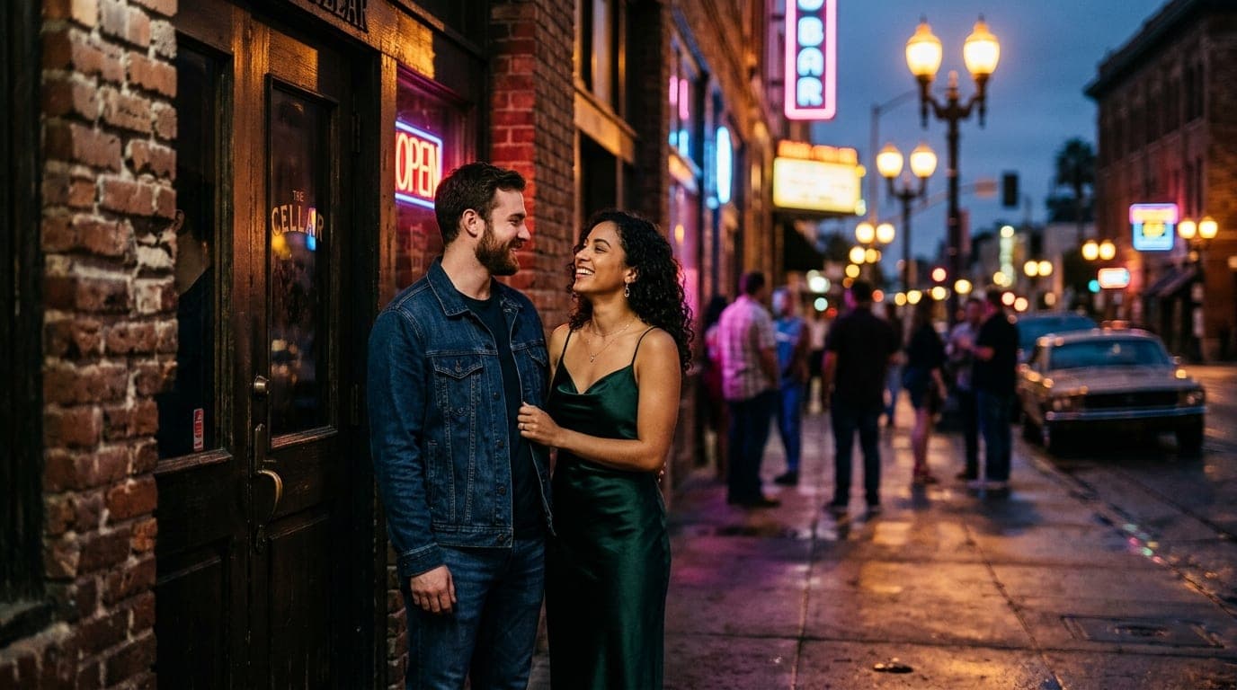 A man and a woman stand outside a darkened brick speakeasy in Pomona, bathed in warm amber glow. The man wears a denim jac...